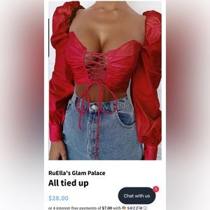 Red lace up blouse. Puff sleeves